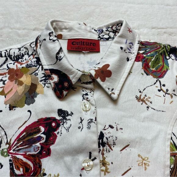 Culture By Krazy Larry Light Denim White W/Floral and Butterfly Shirt/Jacket - Picture 5 of 12